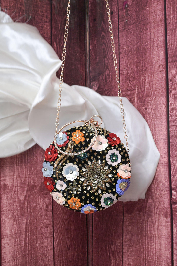 Black Color Designer Handbag with Embroidery Work with Stone Work on Handle