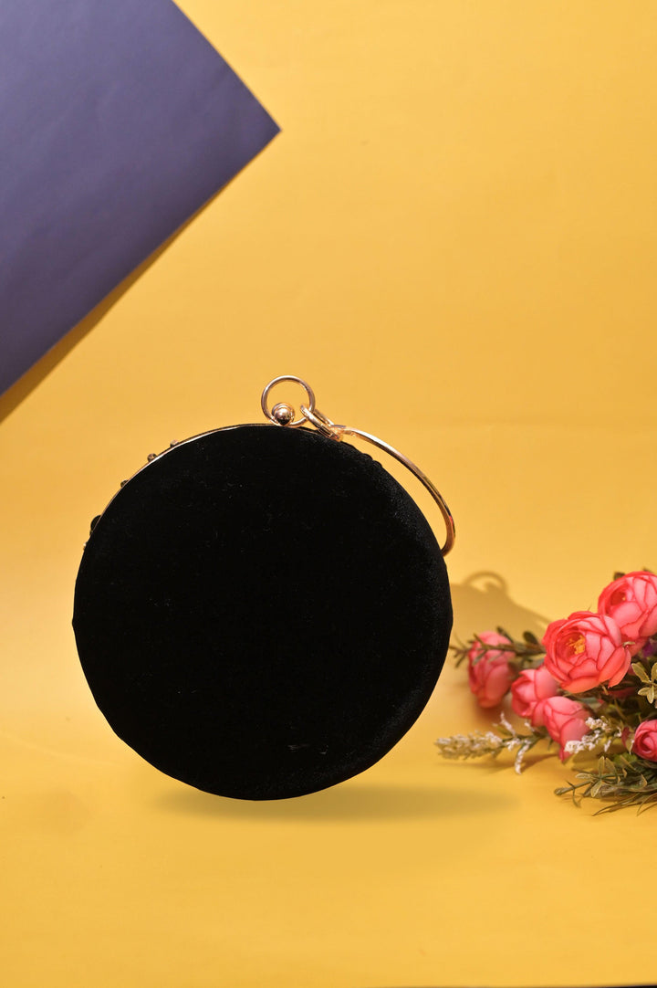 Black Color Designer Round Clutch with Zari Embroidery Work and Metal Handle
