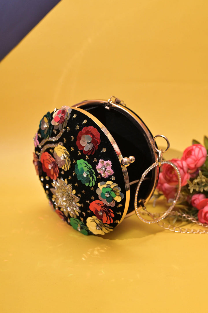 Black Color Designer Round Clutch with Zari Embroidery Work and Metal Handle
