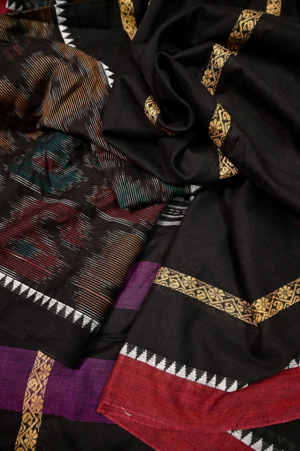 Black Color Dhaniakhali Khadi Cotton Saree with Ikat Border and Allover Stripes