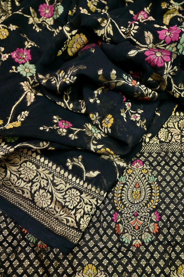 Black Color Georgette Saree with Allover Jaal Zari Work