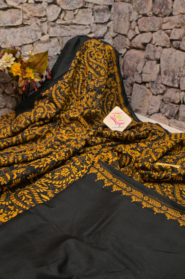 Black Color Half and Half Bangalore Silk Saree with Kantha Stitch