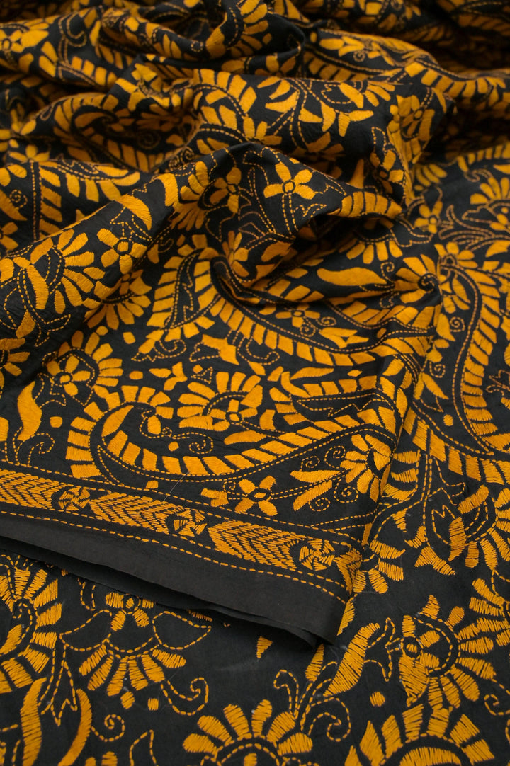 Black Color Half and Half Bangalore Silk Saree with Kantha Stitch