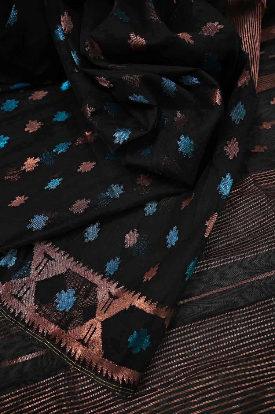 Black Color Half Silk Bangladeshi Jamdani Saree with Copper Zari Work