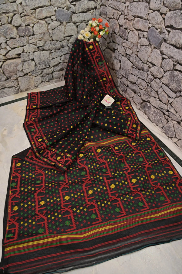 Black Color Jamdani Saree with Multicolored Buti Weaving