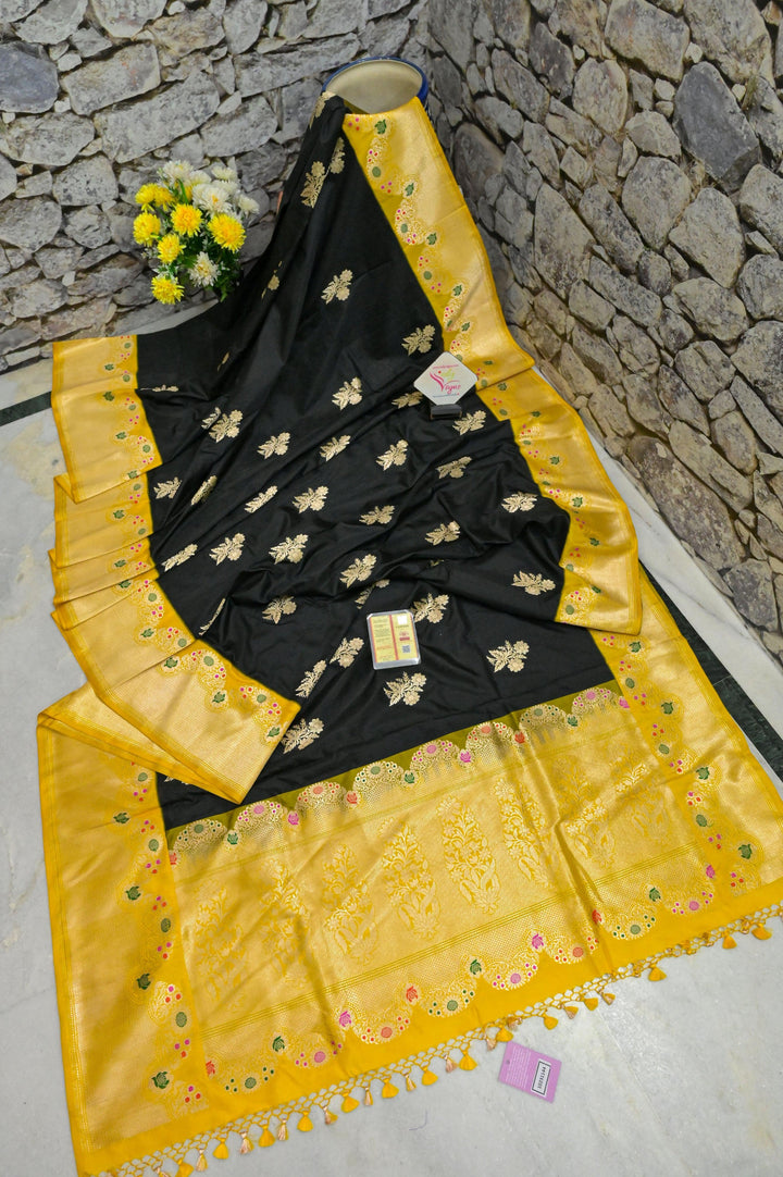 Black Color Korial Katan Banarasi Saree with Meenakari Work