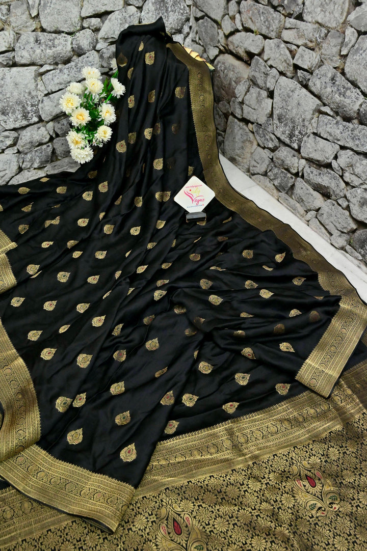 Black Color Mashru Banarasi Saree with Meenakari Buta Work
