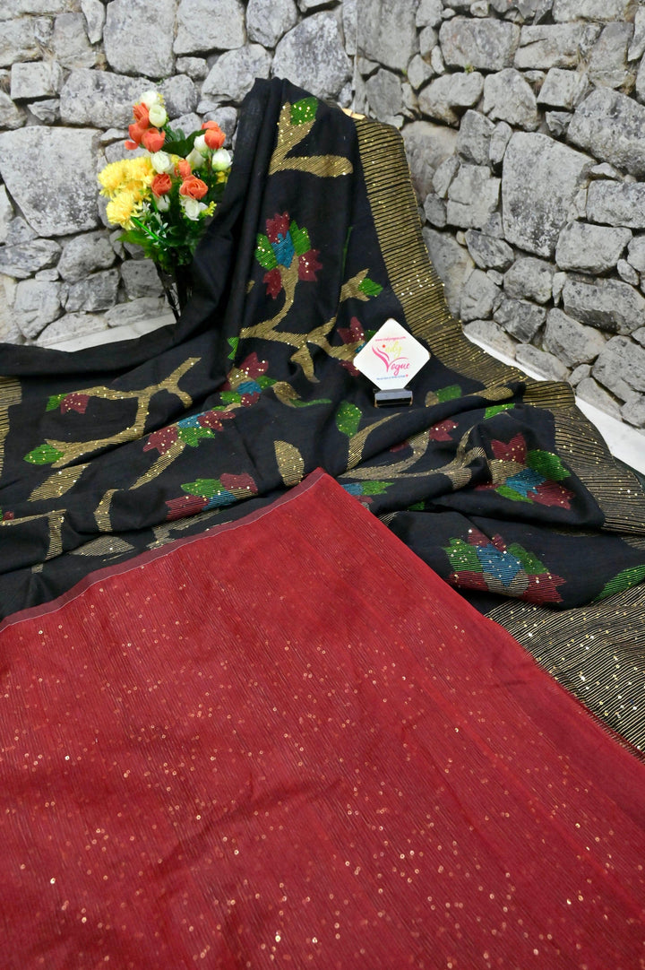 Black Color Matka Handloom Saree with Sequin Weaving