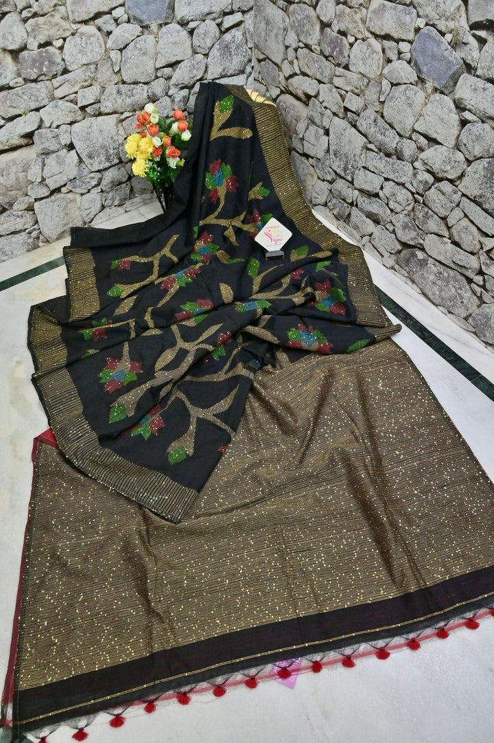 Black Color Matka Handloom Saree with Sequin Weaving