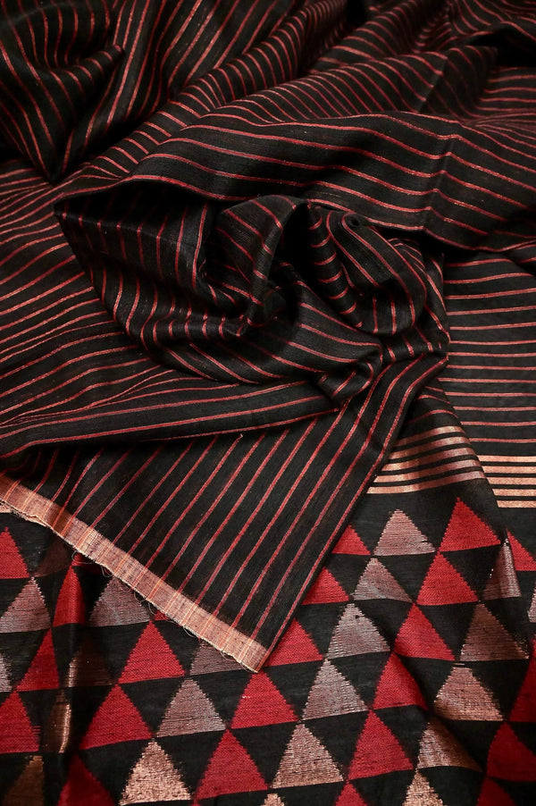 Black Color Matka Saree with Copper Zari Work and Thread Weaving