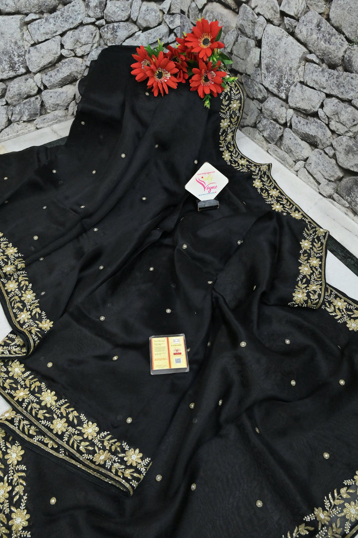 Black Color Organza Saree with Hand Zardosi Embroidery Work