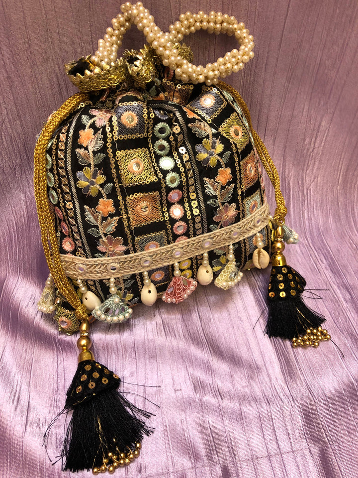 Black Color Potli Clutch Bag with Embroidery & Mirror Work