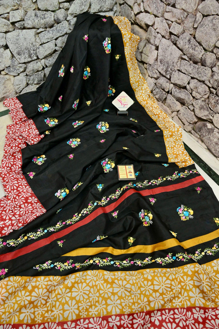 Black Color Pure Bishnupuri Silk with Hand Block Print and Hand Persian Bullion Embroidery Work