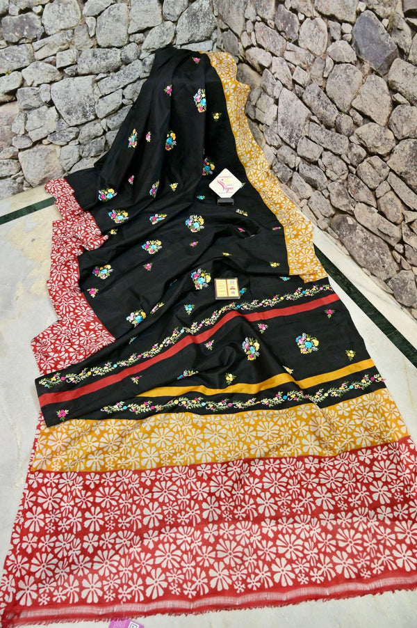 Black Color Pure Bishnupuri Silk with Hand Block Print and Hand Persian Bullion Embroidery Work