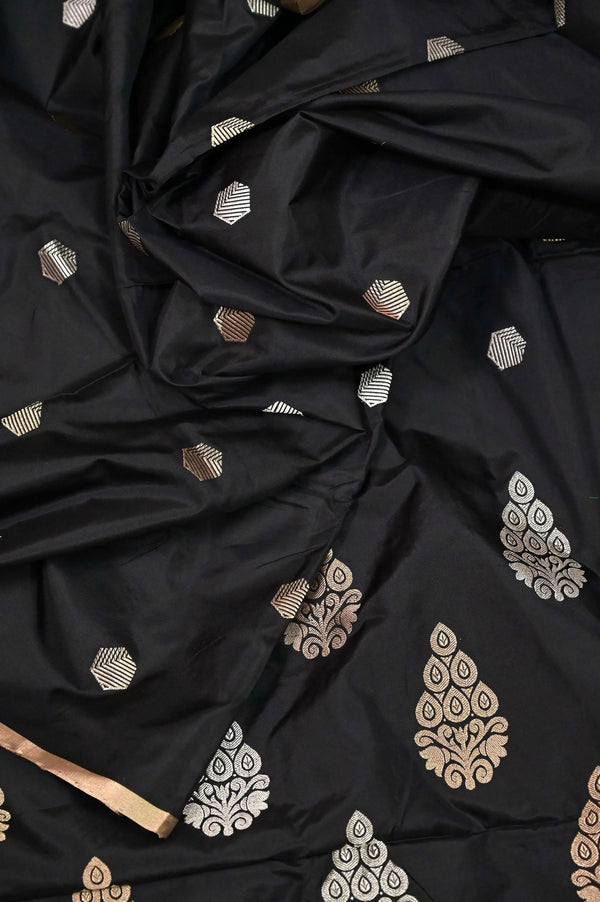 Black Color Pure Katan Banarasi Saree with Allover Golden and Silver Buti Work