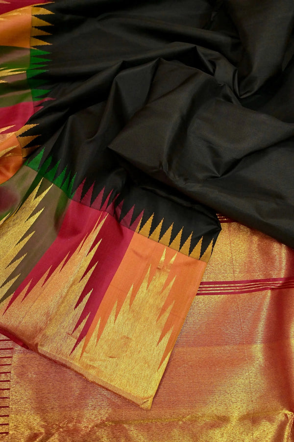 Black Color Pure Korvai Kanjeevaram Silk Saree with Multicolored Zari Temple Border