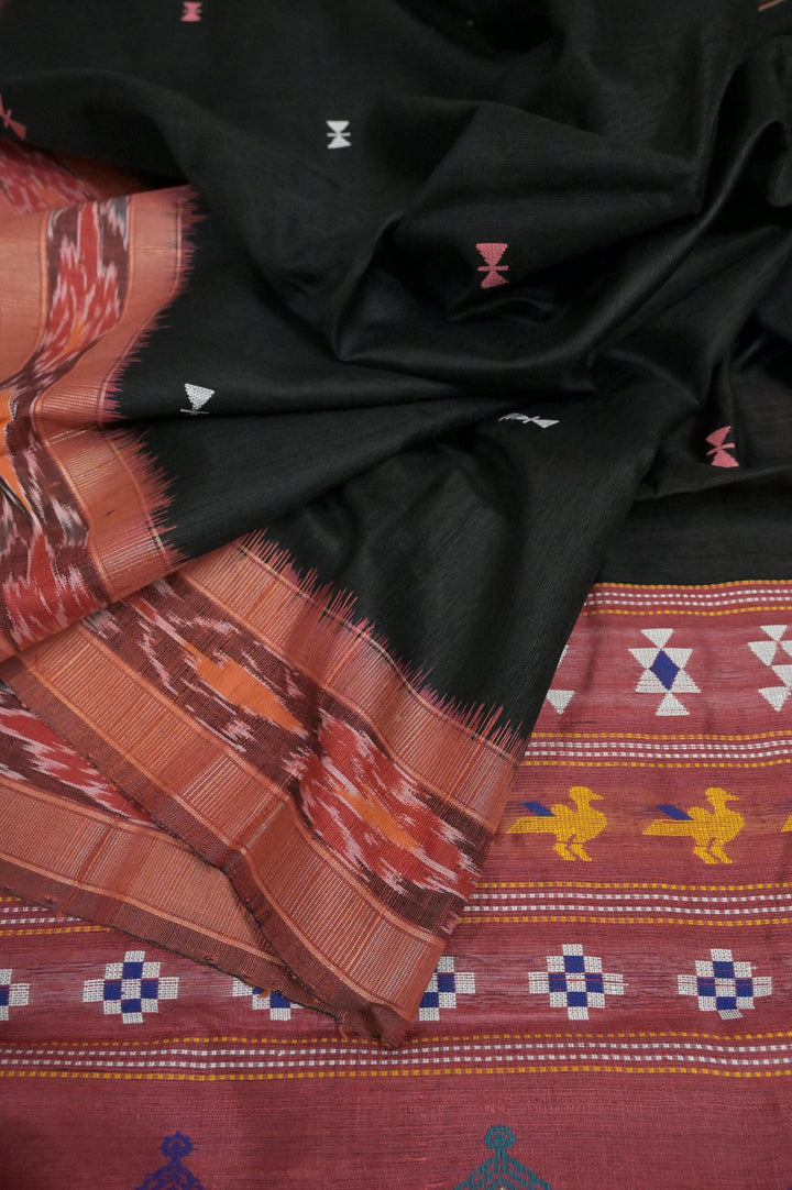 Black Color Pure Raw Silk Saree with Dolabedi Pallu and Sambalpuri Border