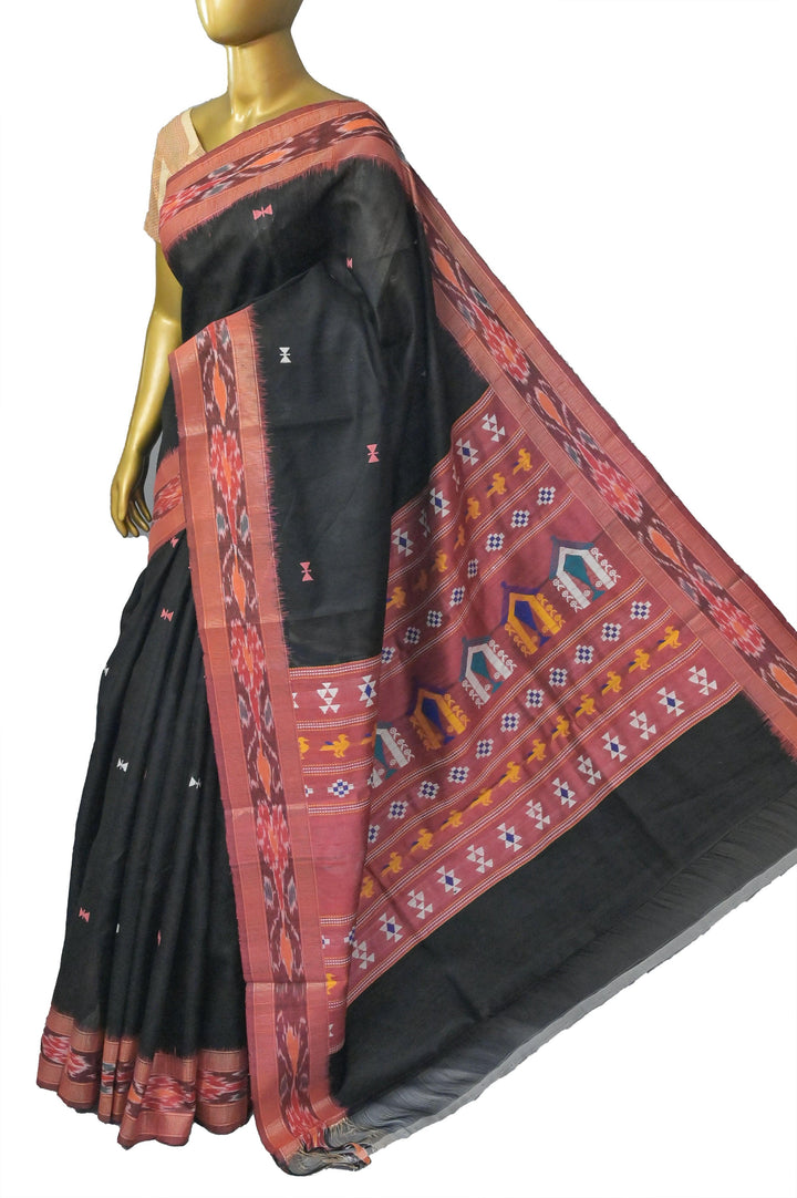 Black Color Pure Raw Silk Saree with Dolabedi Pallu and Sambalpuri Border