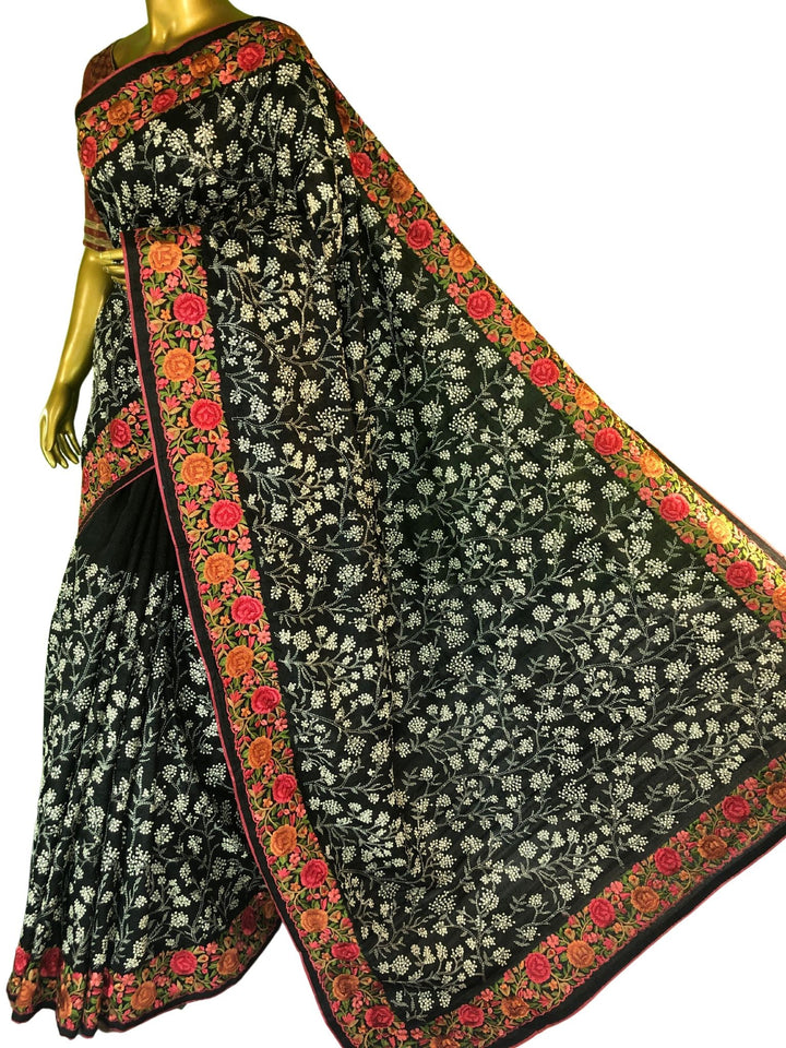 Black Color Pure Tussar Silk Saree with Embroidery and Parsi Border