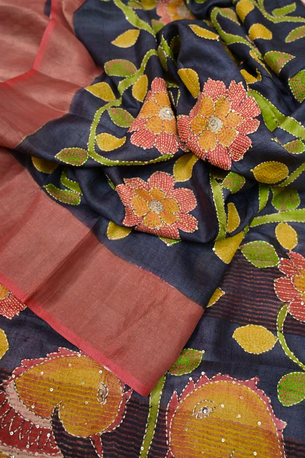 Black Color Pure Tussar Silk Saree with Zari Border and Hand Painted Kalamkari and Kantha & Sequin Hand Embroidery