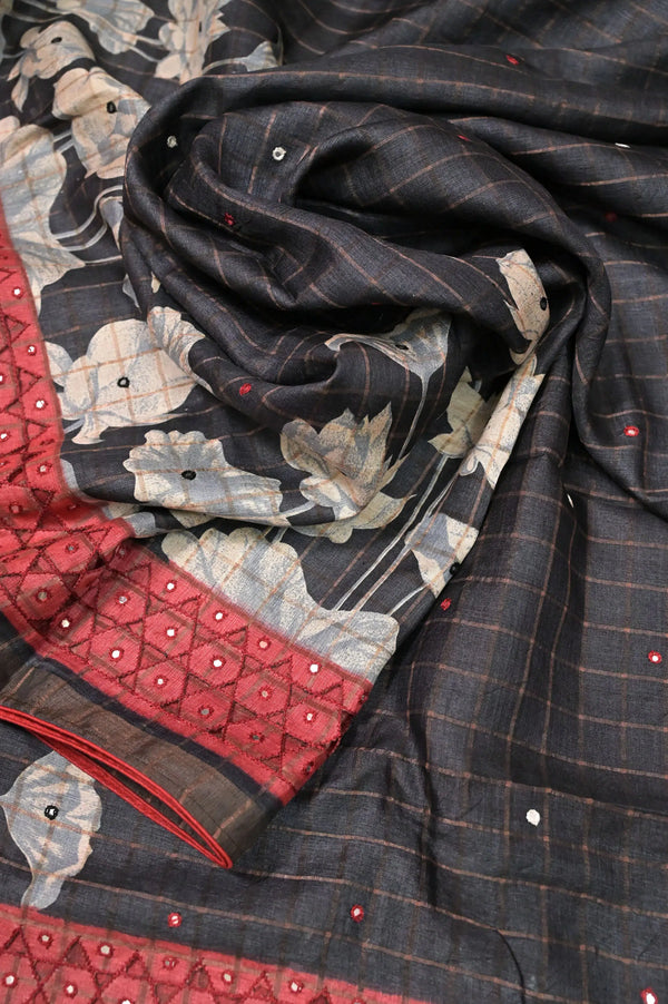 Black Color Pure Tussar Silk with Allover Zari Checks with Digital Print and Cutwork