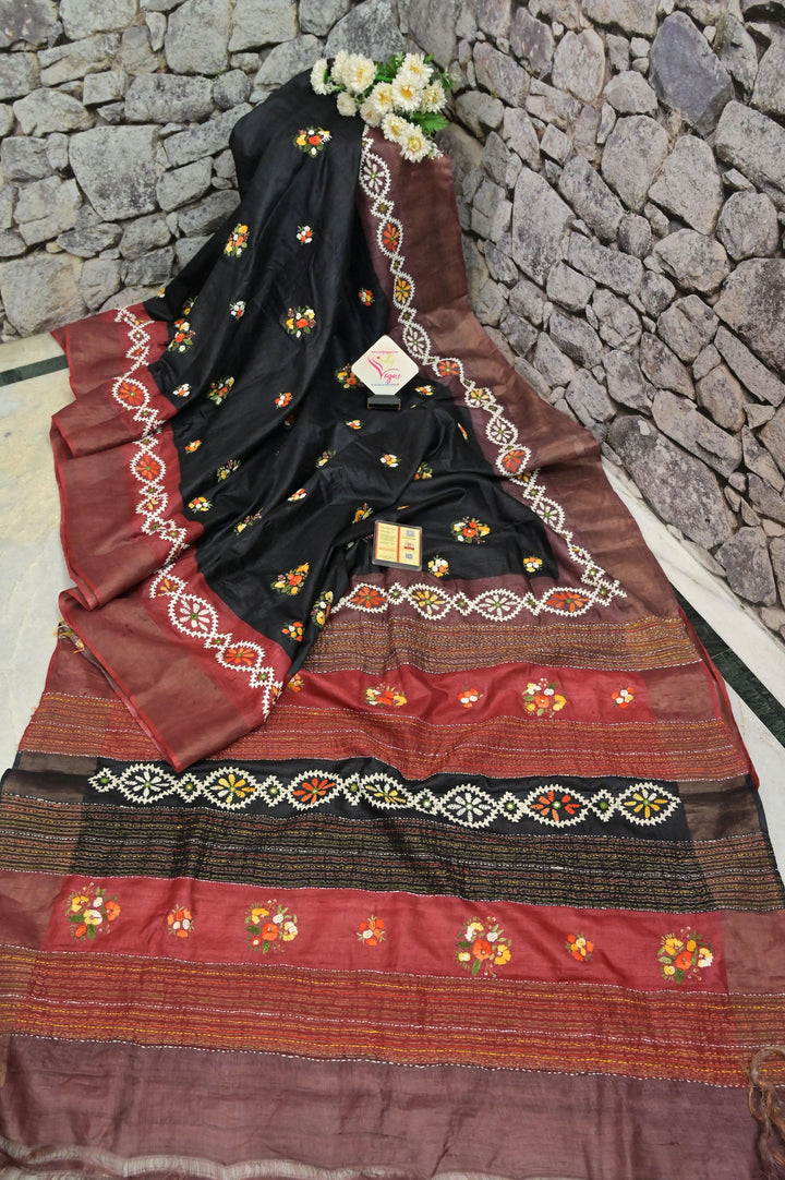 Black Color Pure Zari Border Tussar Silk Saree with Ganga Jamuna Border and Embroidery Work