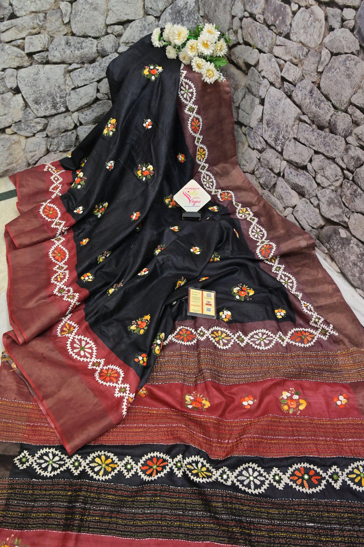 Black Color Pure Zari Border Tussar Silk Saree with Ganga Jamuna Border and Embroidery Work