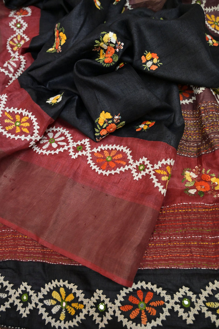 Black Color Pure Zari Border Tussar Silk Saree with Ganga Jamuna Border and Embroidery Work