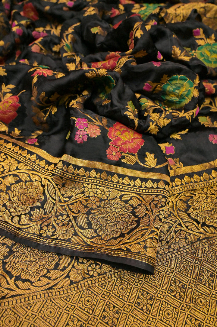 Black Color Satin Banarasi Saree with Meenakari Work