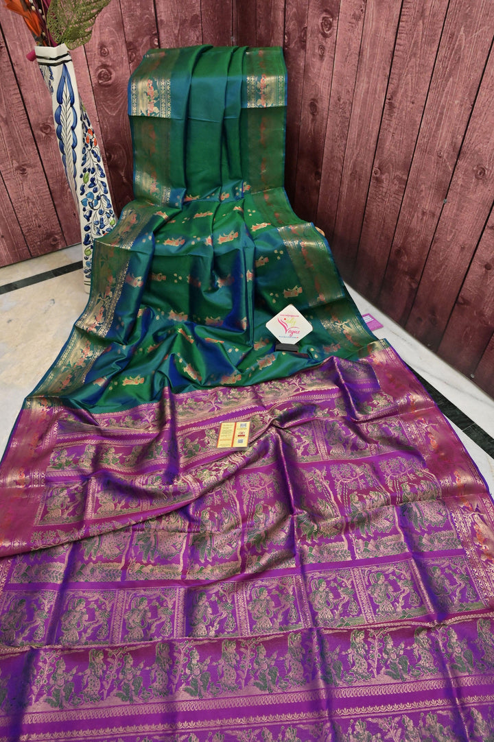 Blue and Green Dual Tone Color Pure Baluchari Silk Saree with Contrast Pallu