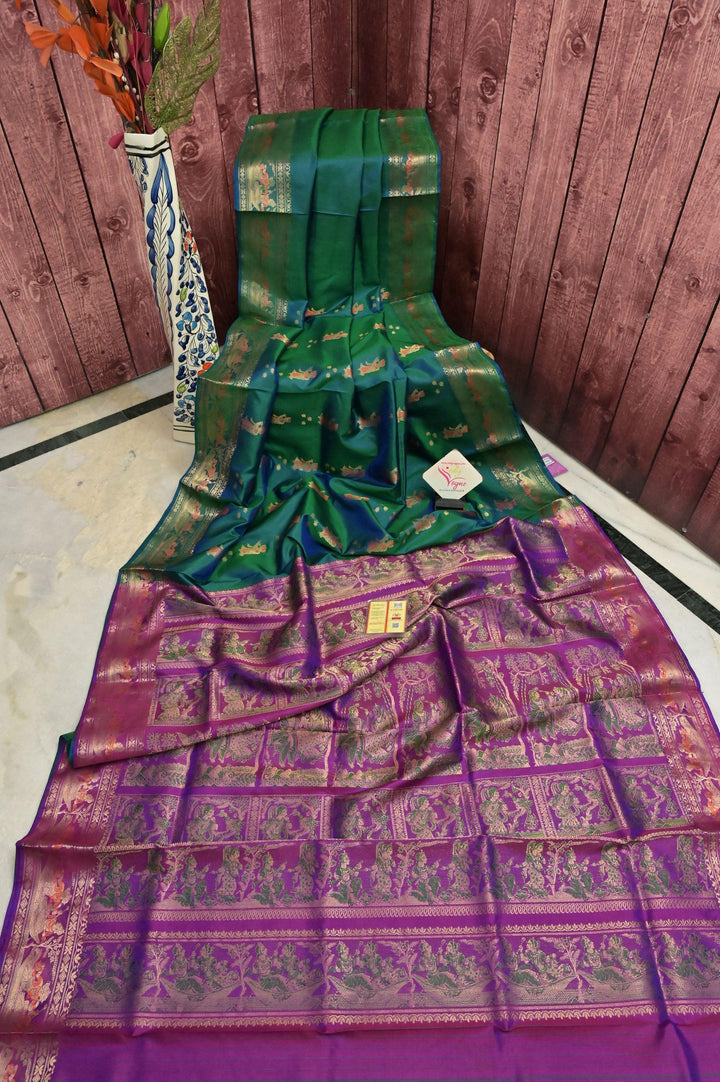 Blue and Green Dual Tone Color Pure Baluchari Silk Saree with Contrast Pallu