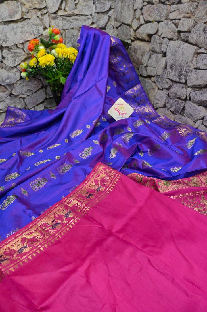 Blue and Green Dual Tone Color Pure Baluchari Silk Saree with Contrast Pallu