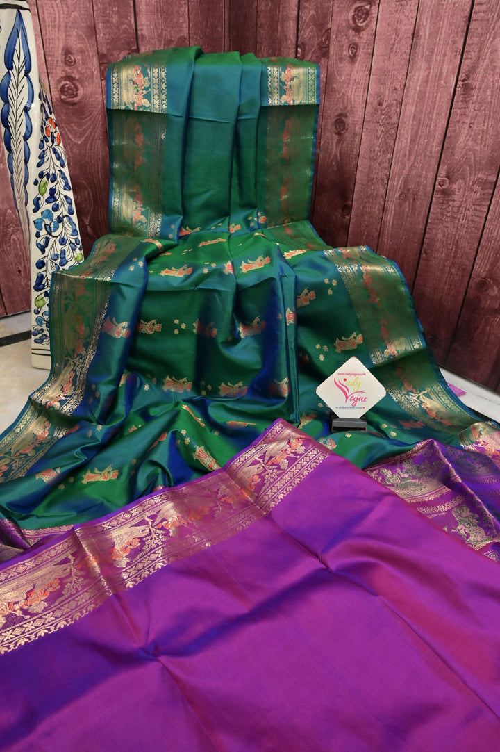 Blue and Green Dual Tone Color Pure Baluchari Silk Saree with Contrast Pallu