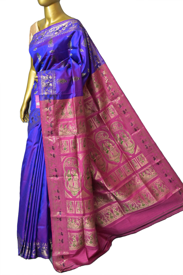 Blue and Green Dual Tone Color Pure Baluchari Silk Saree with Contrast Pallu