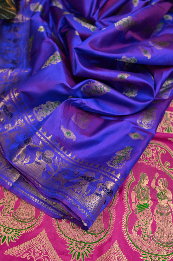 Blue and Green Dual Tone Color Pure Baluchari Silk Saree with Contrast Pallu