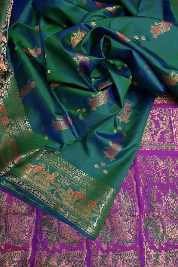 Blue and Green Dual Tone Color Pure Baluchari Silk Saree with Contrast Pallu