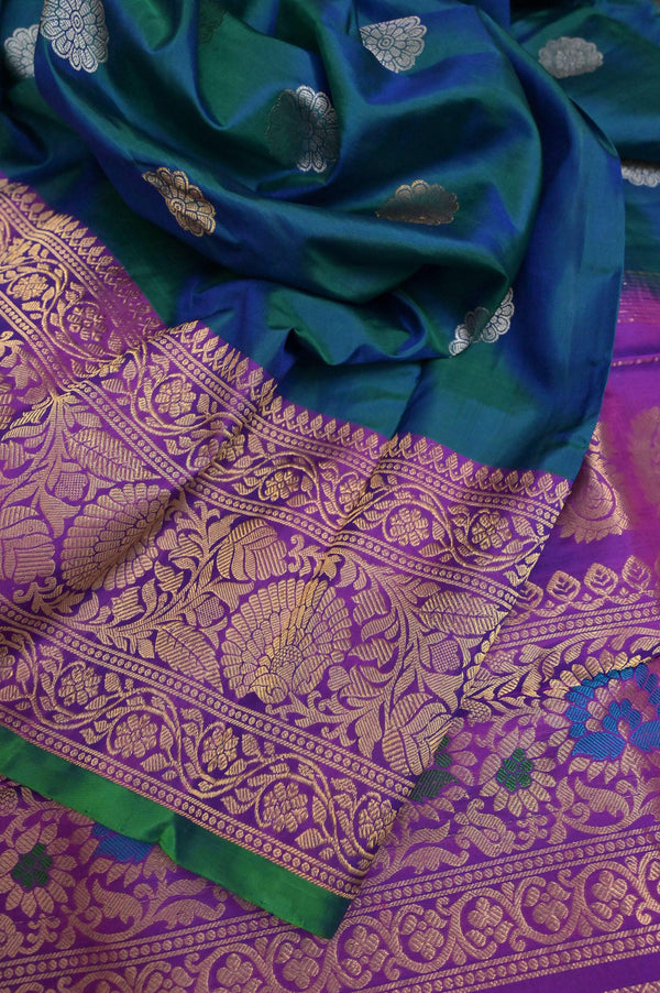 Blue and Green Dual-Tone Gadwal Silk Saree with Golden and Silver Zari Butta with Meenakari
