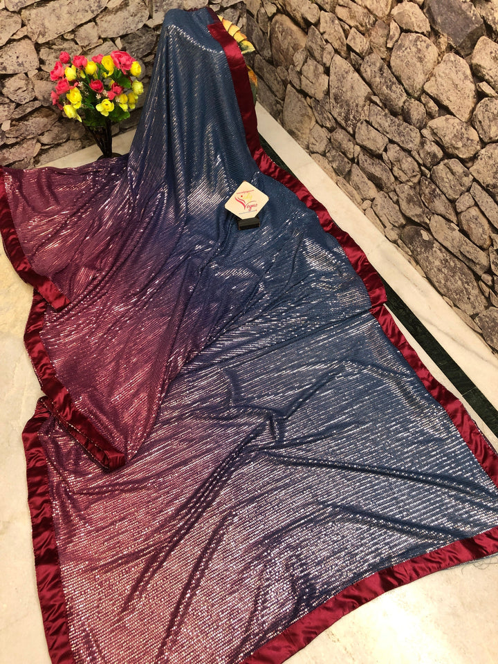 Blue and Magenta Color Designer Net Saree with Sequin Weaving