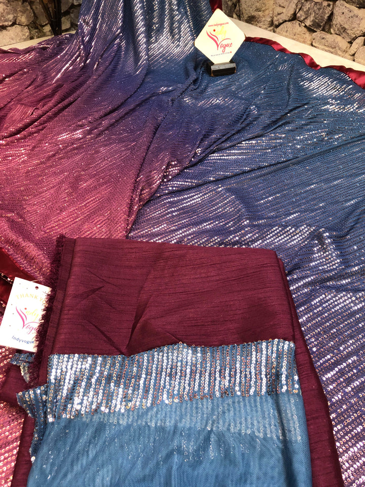 Blue and Magenta Color Designer Net Saree with Sequin Weaving
