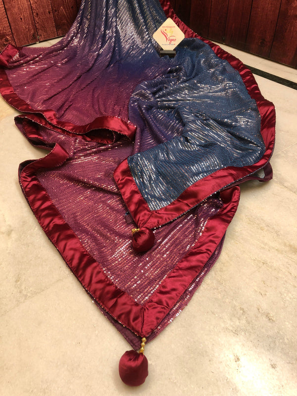 Blue and Magenta Color Designer Net Saree with Sequin Weaving