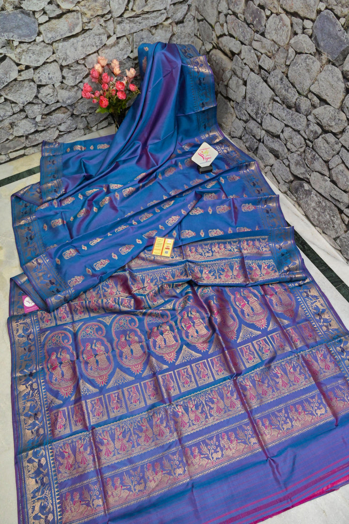 Blue and Magenta Dual Tone Baluchari Silk Saree with Copper Zari Buti Work