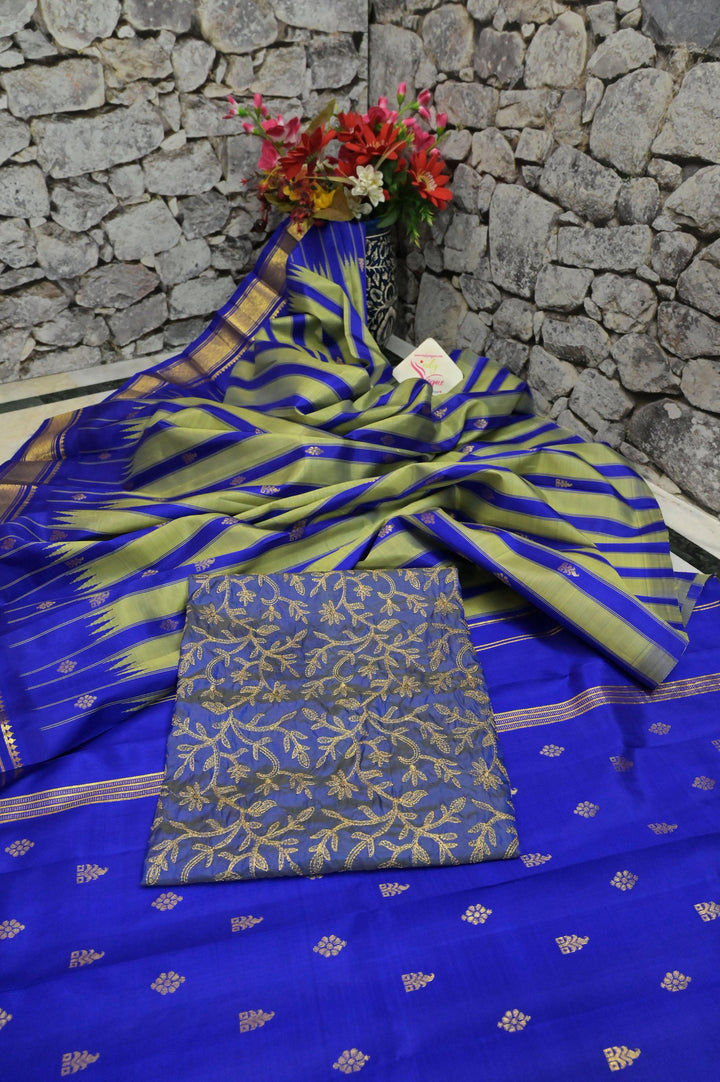Blue and Pista Green Color Pure Kanjeevaram Silk with Zari Temple Border and Allover Buti Stripe