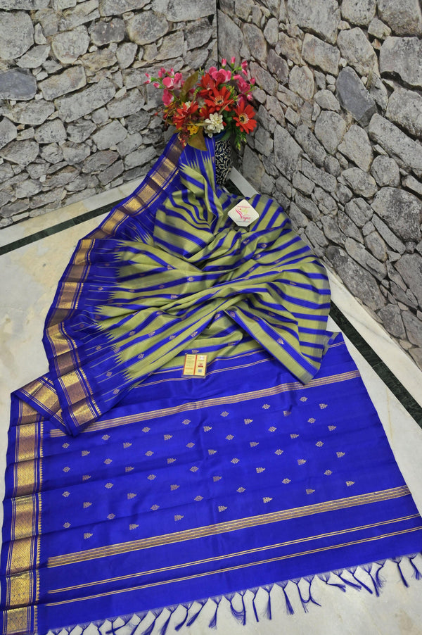 Blue and Pista Green Color Pure Kanjeevaram Silk with Zari Temple Border and Allover Buti Stripe