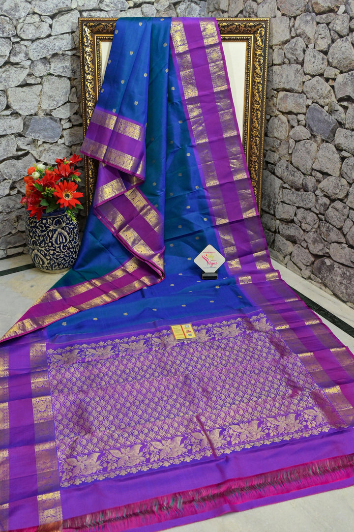 Blue and Purple Dual-Tone Color Pure Kanjeevaram Silk Saree