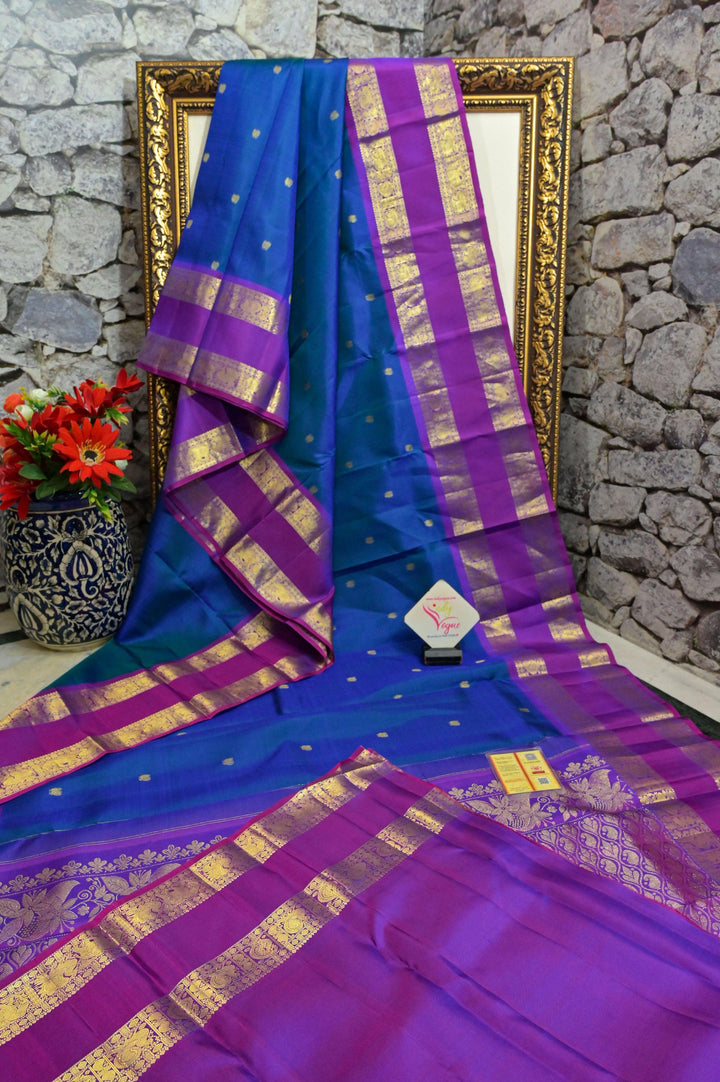 Blue and Purple Dual-Tone Color Pure Kanjeevaram Silk Saree