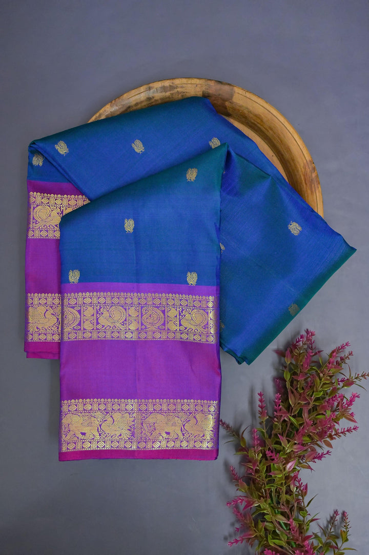Blue and Purple Dual-Tone Color Pure Kanjeevaram Silk Saree