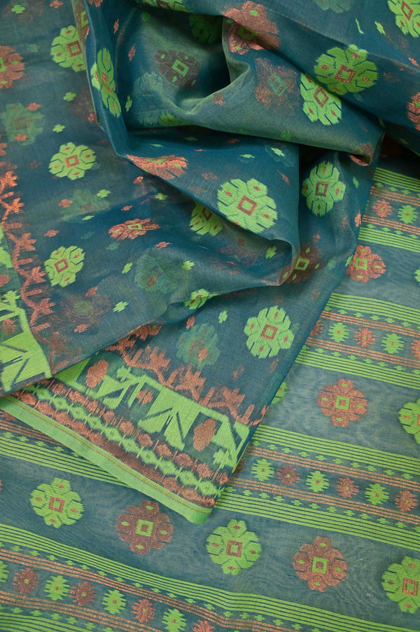 Blue and Sea Green Dual Tone Color Jamdani Saree with Allover Weaving Work