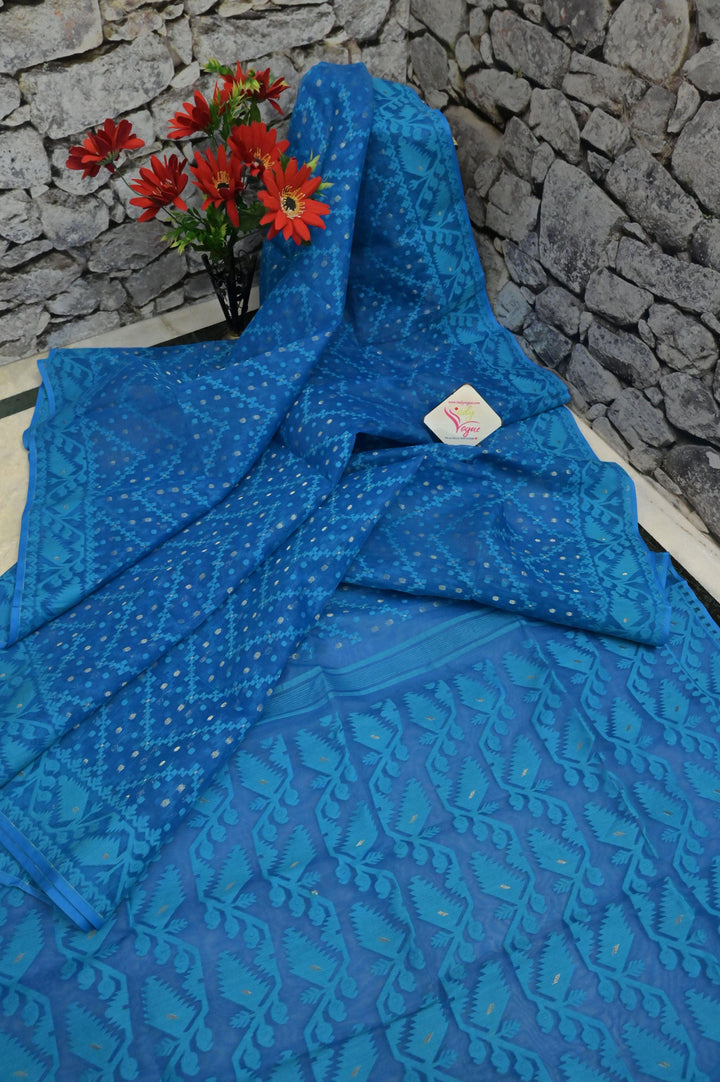 Blue Color Jamdani Saree with Embroidered Blouse Piece