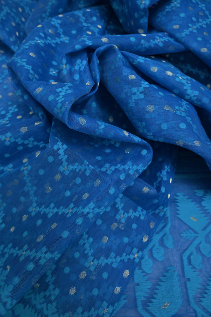 Blue Color Jamdani Saree with Embroidered Blouse Piece
