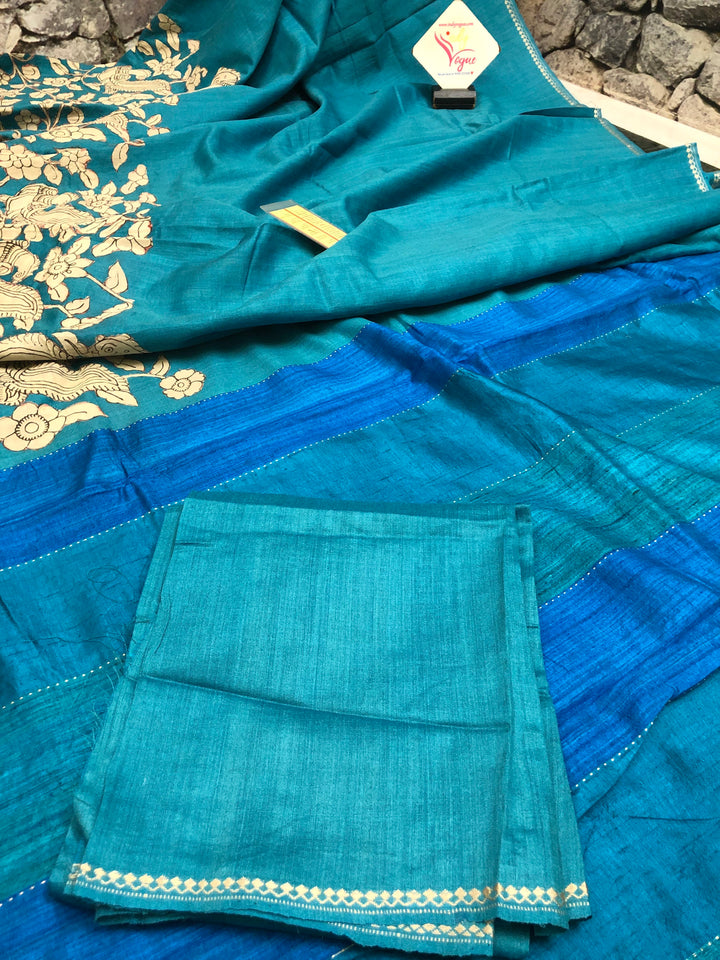 Blue Color Pure Tussar Silk Saree with Kalamkari Applique Work